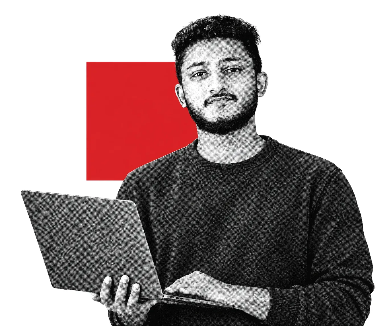 A founder holding a laptop, smiling