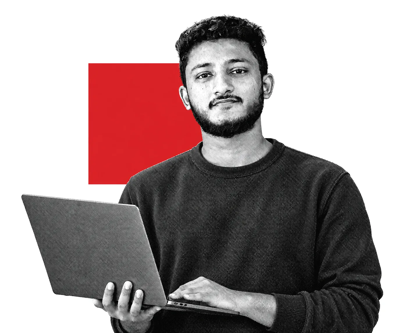 A founder holding a laptop, smiling