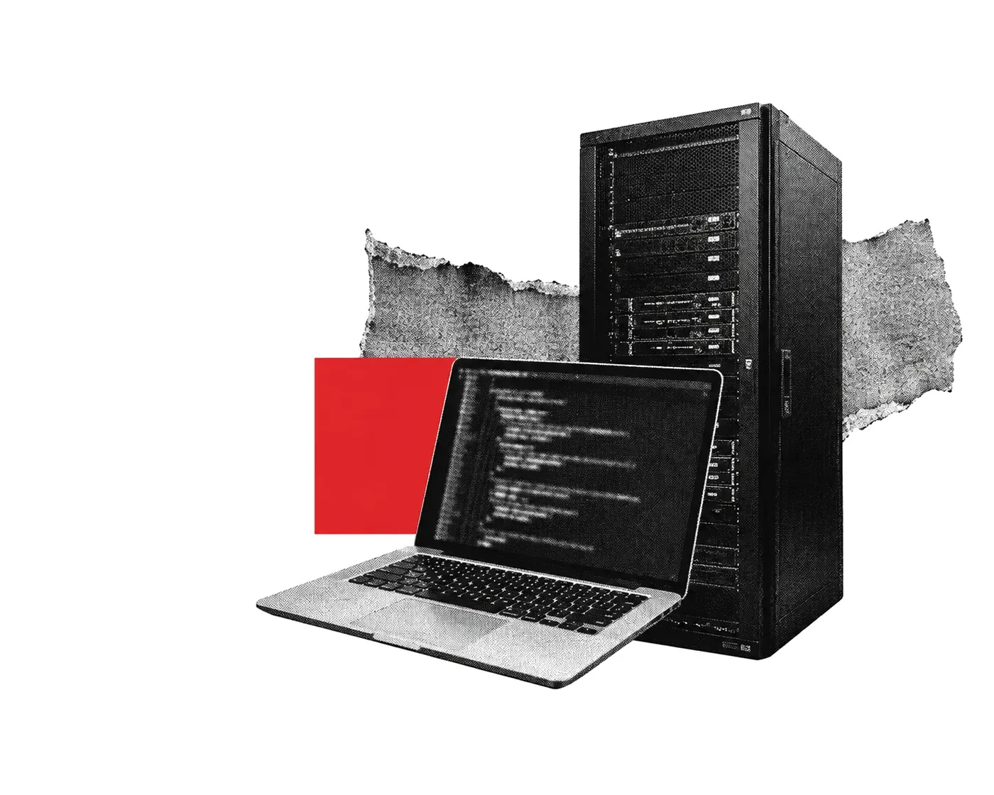 Halftone collage of a laptop showing code in front of a server rack