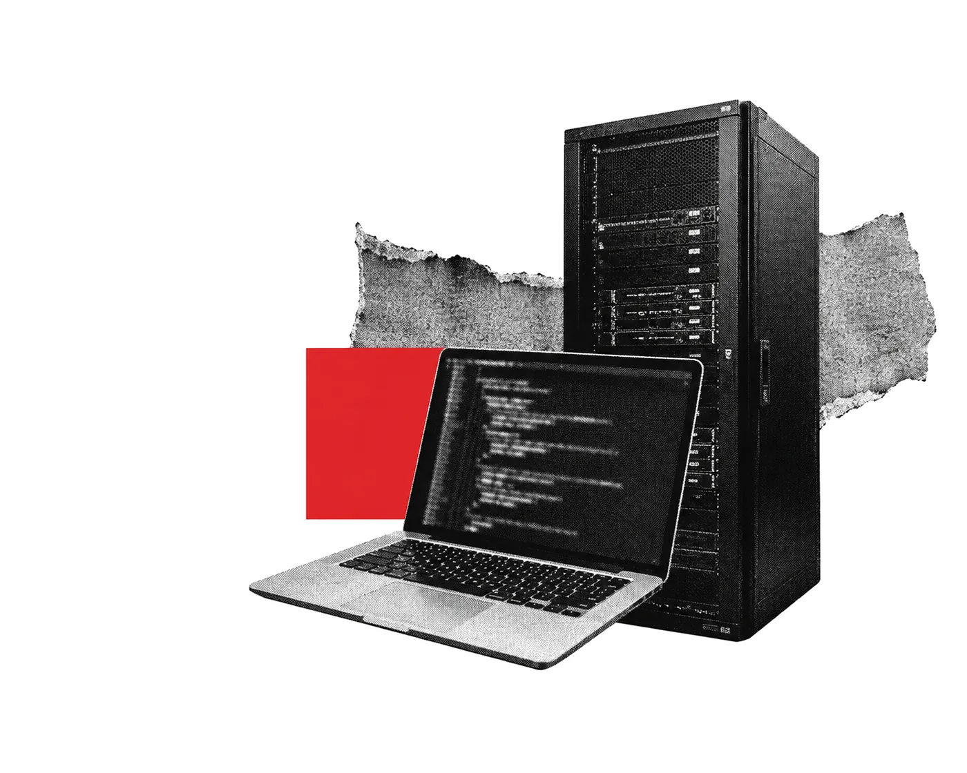 Halftone collage of a laptop showing code in front of a server rack
