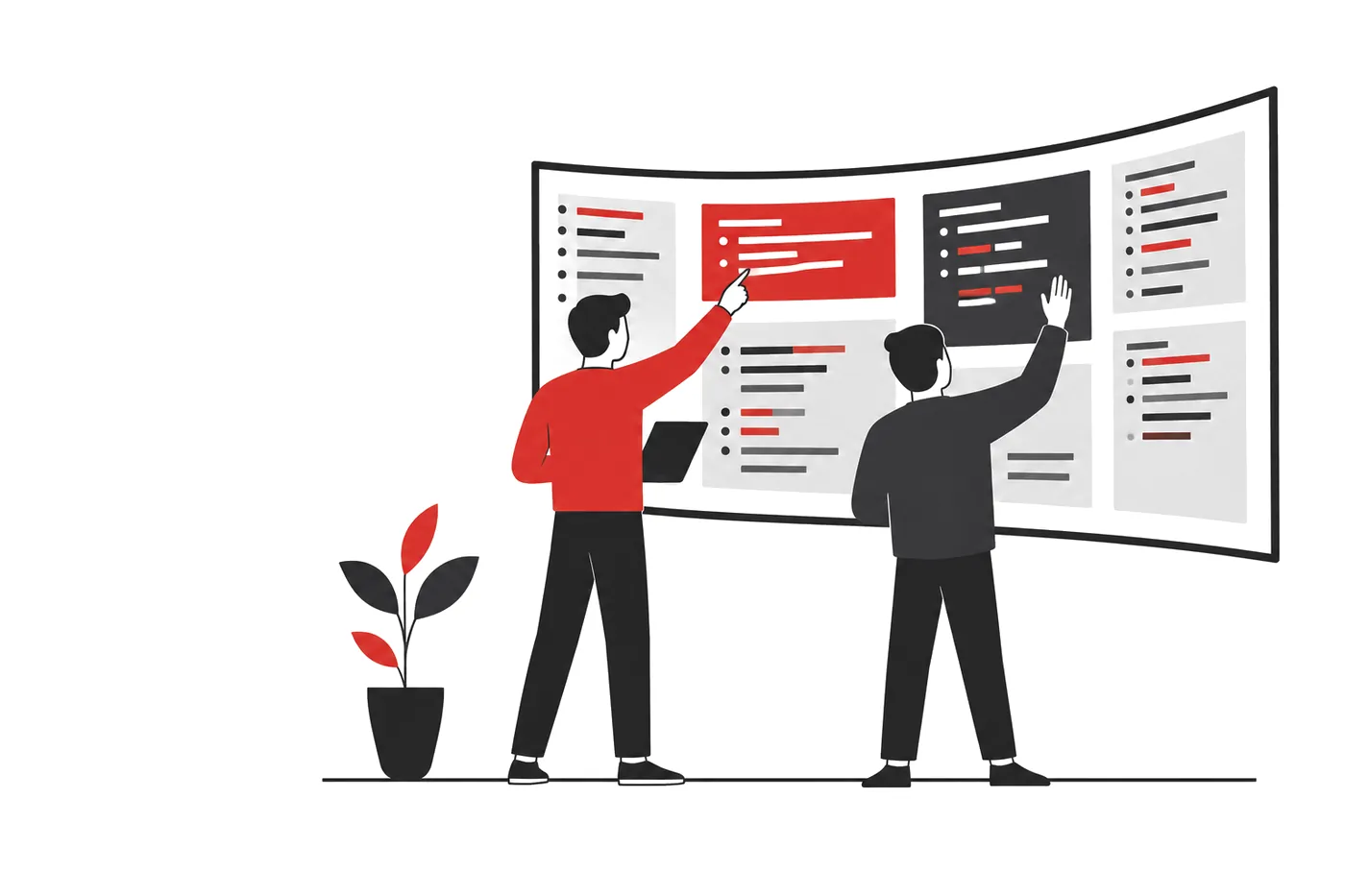 Illustration of two engineers reviewing code on a wall-sized screen