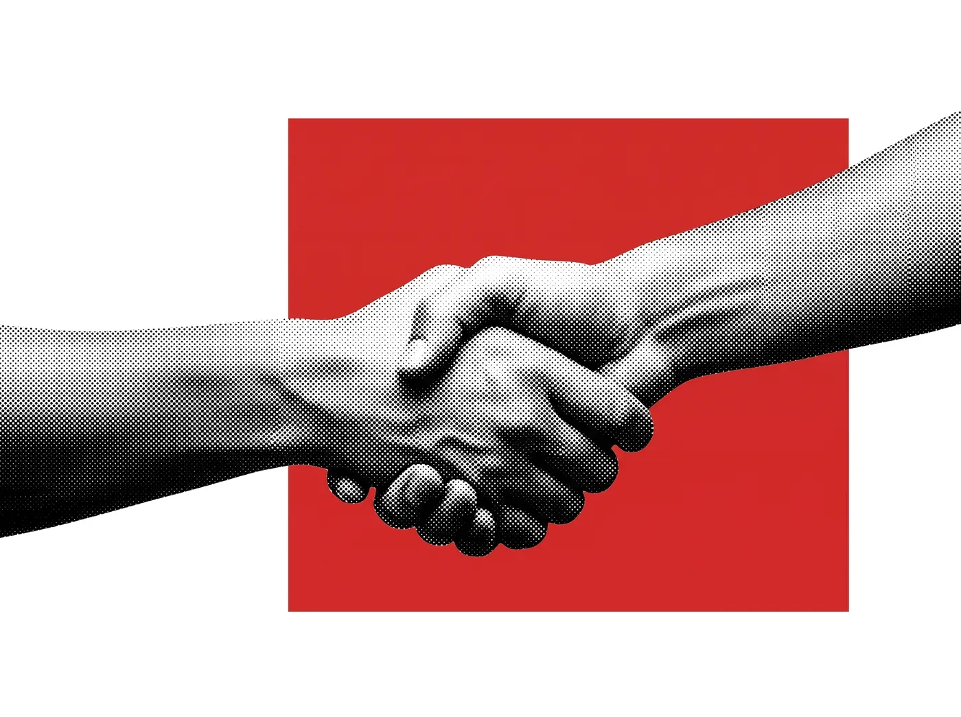 A black-and-white handshake on a red background