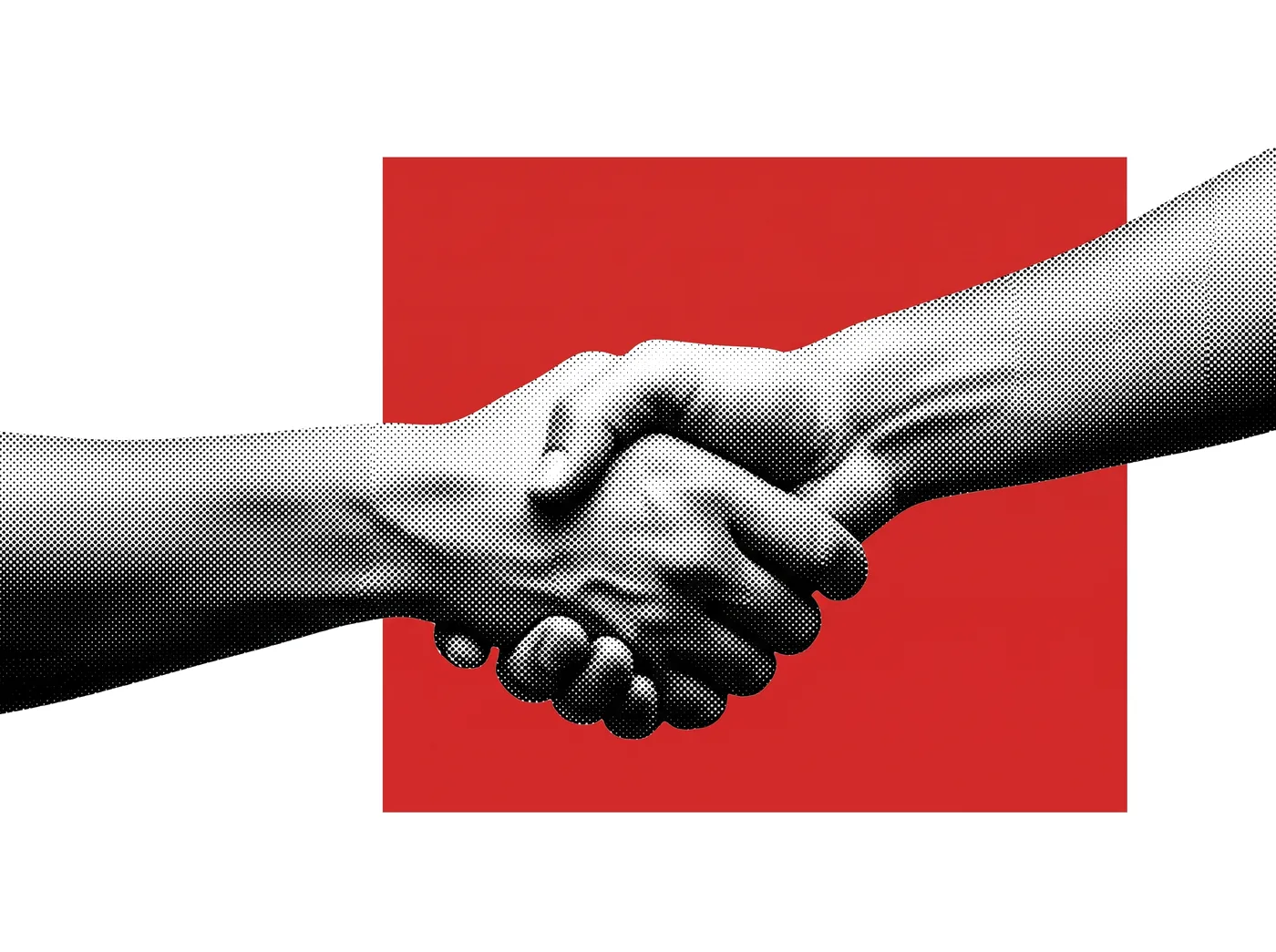 A black-and-white handshake on a red background