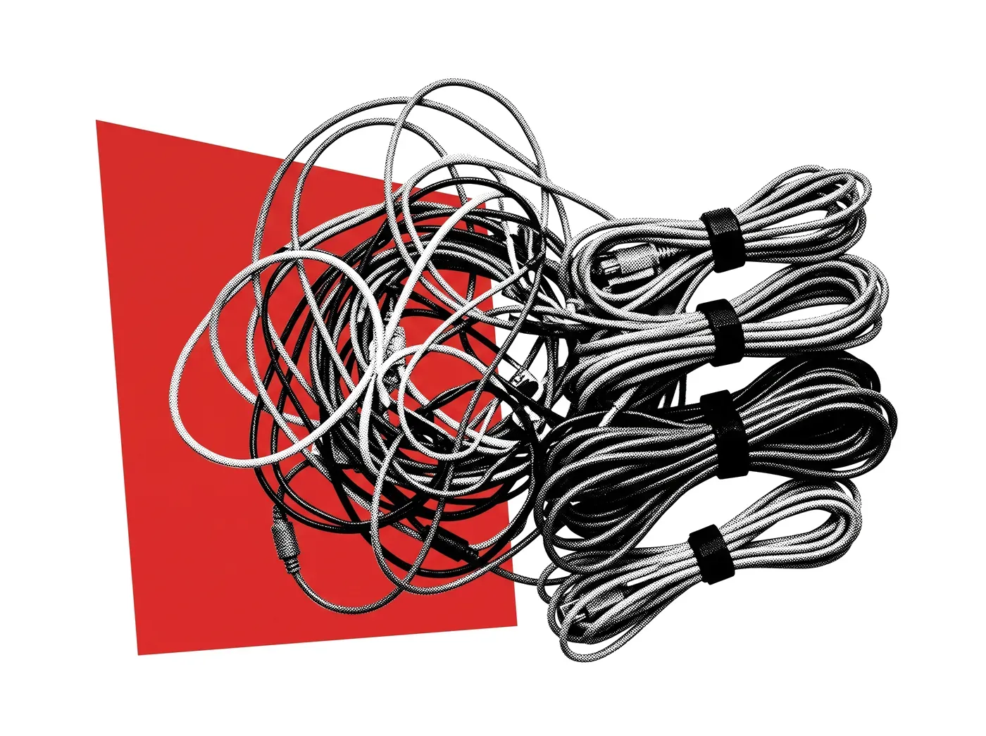 Tangled cables sorted into neat bundles