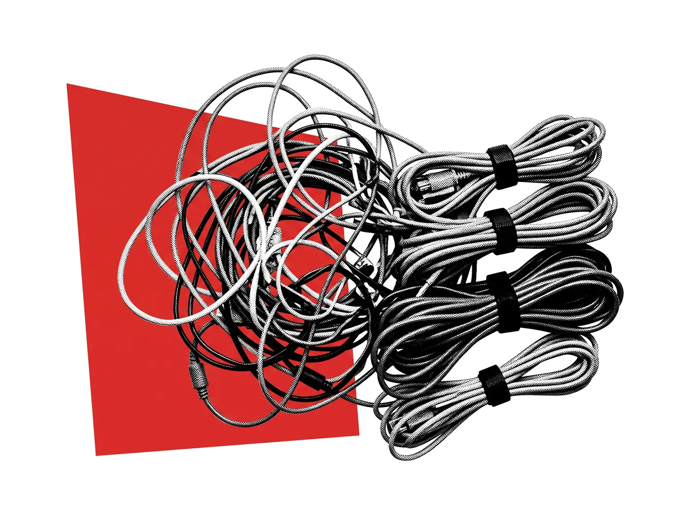Tangled cables sorted into neat bundles