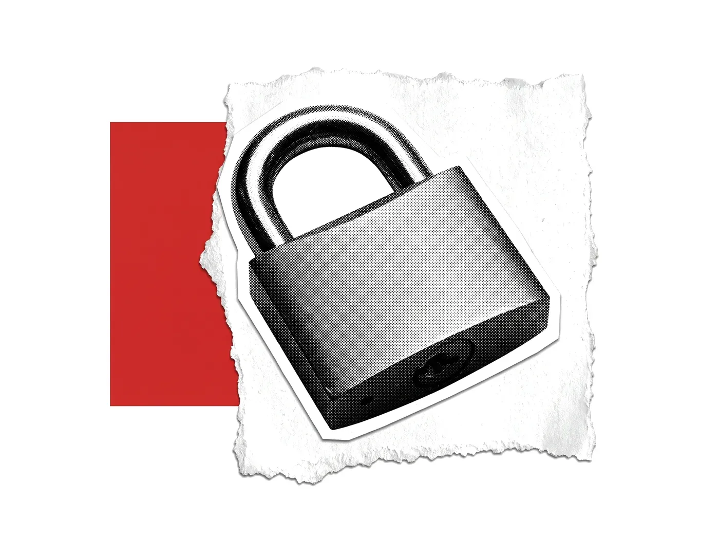 A steel padlock on torn paper