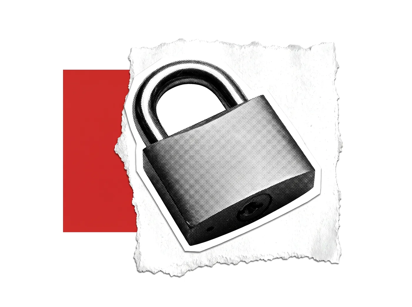 A steel padlock on torn paper
